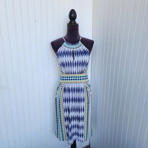 London Times Blue Orange Womens Sleeveless Pullover Halter Stretch Dress Sz 2